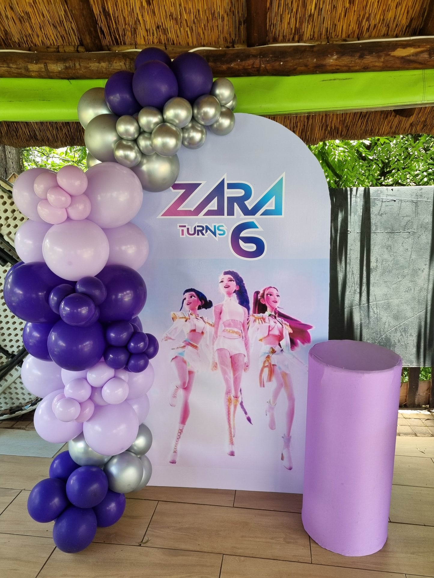 K-Pop Demon Hunters Full Print Chiara Backdrop with Organic Balloon Garland and Plinth