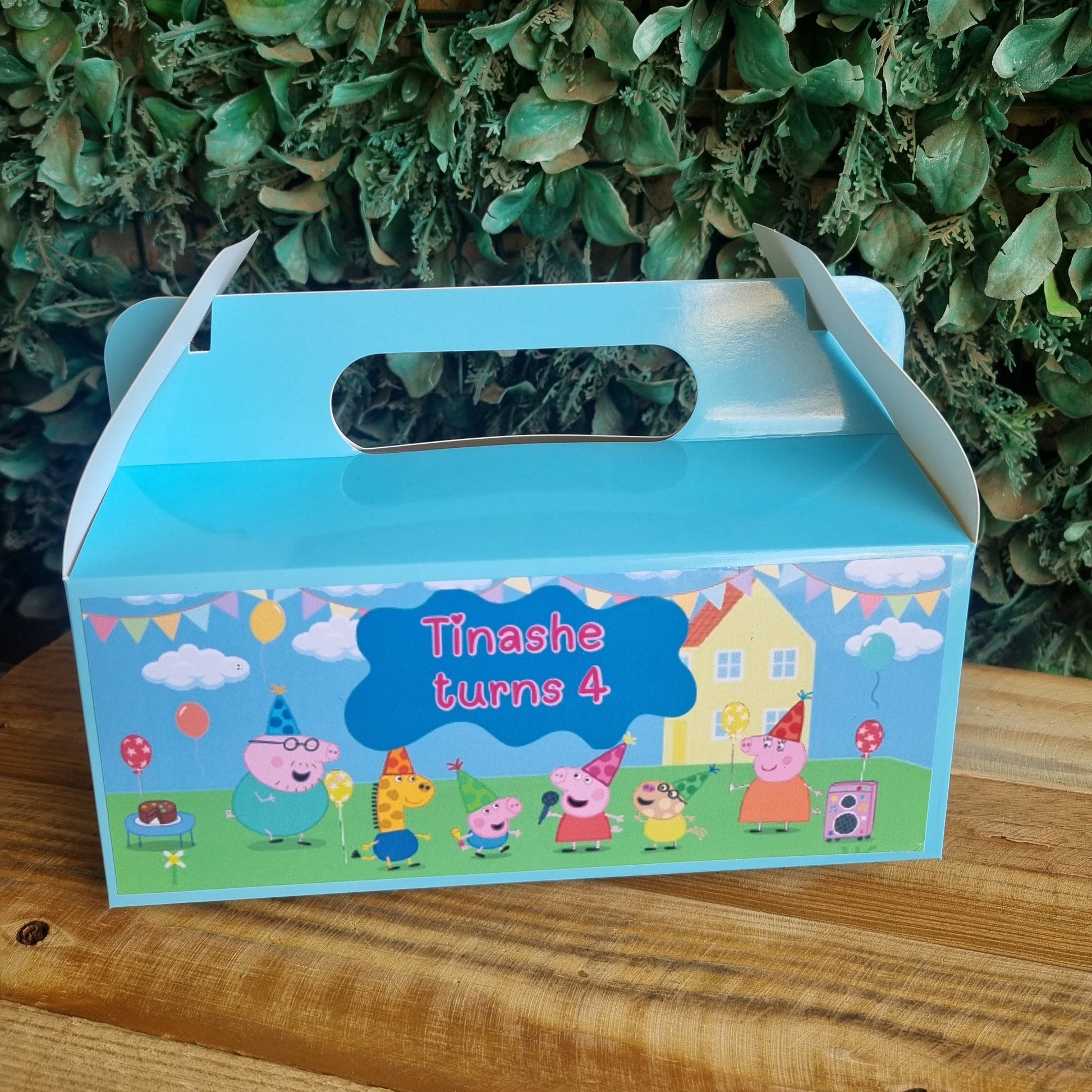 Children's toy box with colorful design on a wooden surface and green grass background