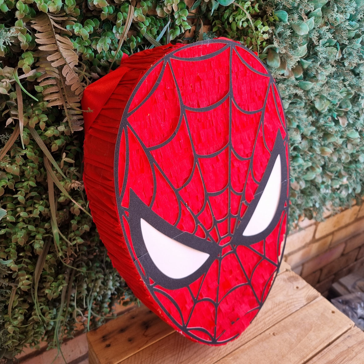 A red Spider-Man-themed round decorative item with black web lines and white eyes, photographed outdoors against green foliage and a wooden surface.