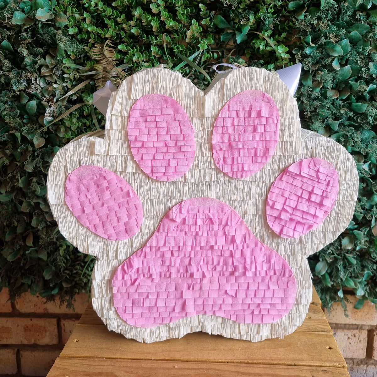 A cat OR DOG  paw print piñata decoration with pink woven details on a beige wood-grain base, displayed on a wooden surface against a green foliage background.