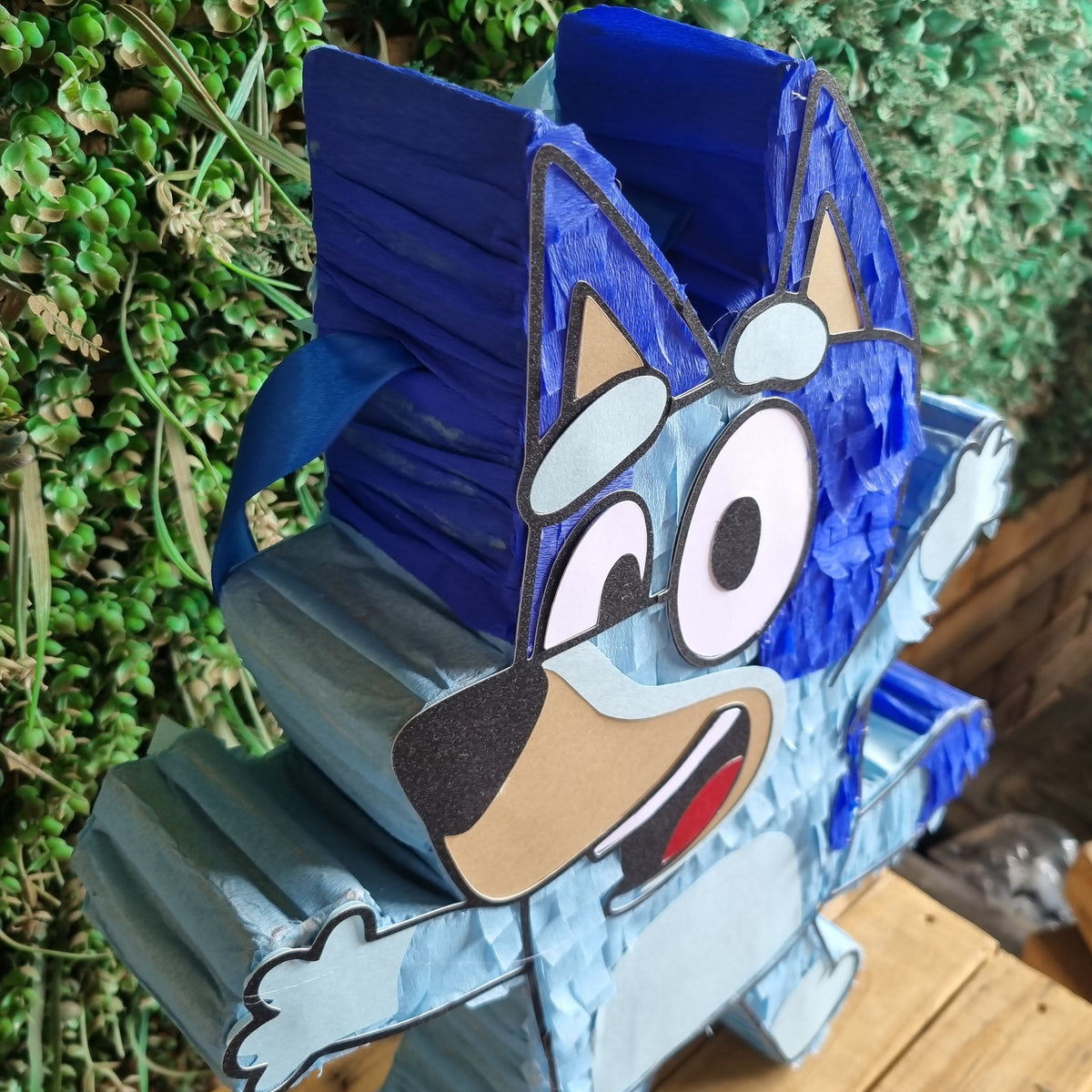 A blue and light blue piñata shaped like the Bluey character Bingo, displayed on a wooden crate in front of a green foliage wall.
