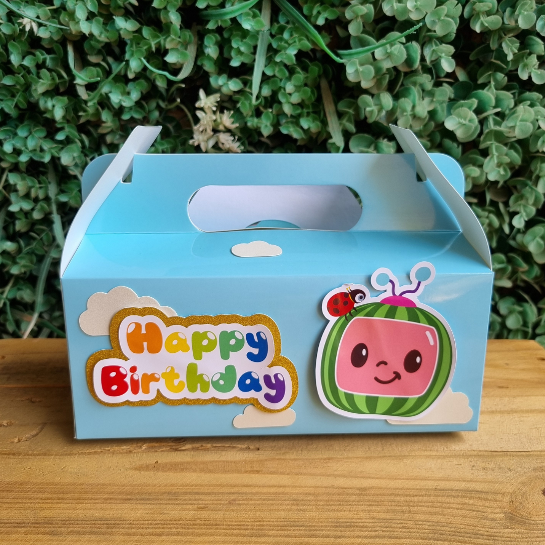 COCOMELON PARTY PACK BLUE 5 BOXES only, personalized kiddies birthday party themed decor party boxes customized (Copy)