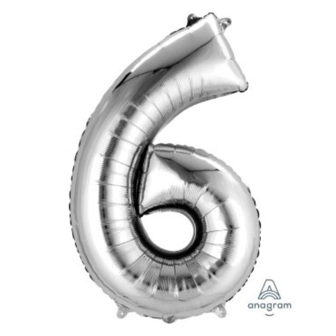 FOIL BALLOON  LARGE SILVER SIX 6