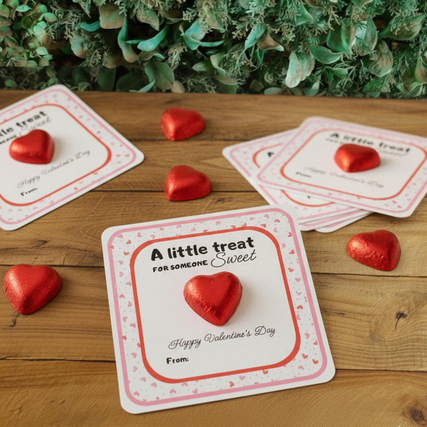 Valentine's Day cards with red heart treats on a wooden surface with green foliage in the background.