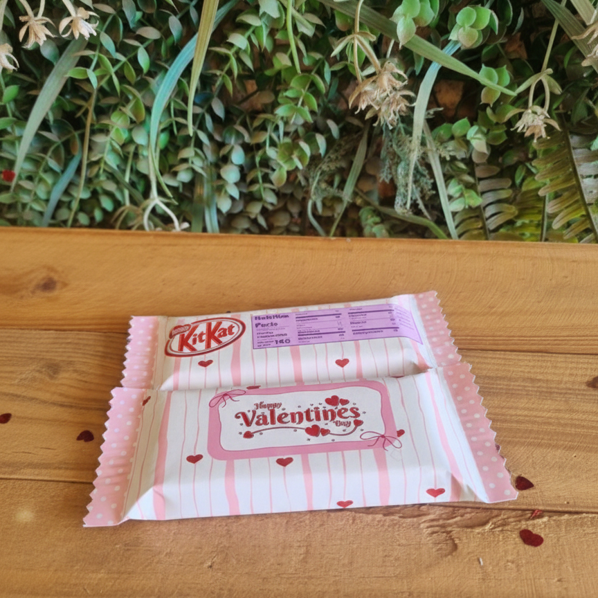 Small pink and white Valentine's Day card with a decorative border on a wooden surface.