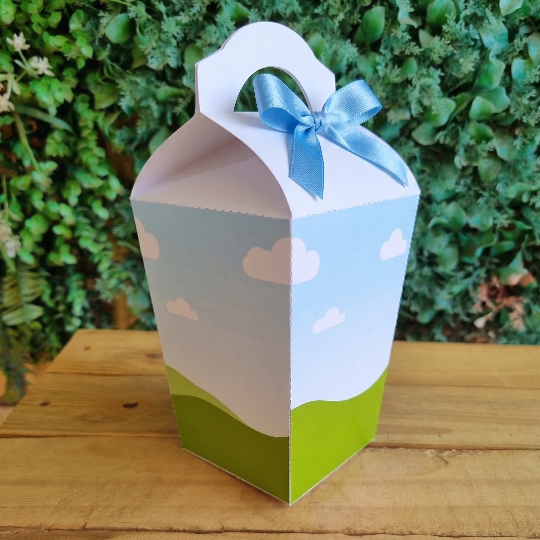 Gift box with blue ribbon and cloud design on a wooden surface with greenery in the background
