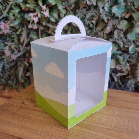 Cardboard box with a window and handle on a wooden surface with a natural background