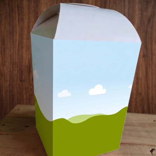 Cardboard box with a scenic design of a blue sky with clouds and green landscape on a wooden surface.