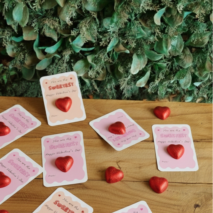 Red heart-shaped objects on pink cards with text on a wooden surface and green foliage background