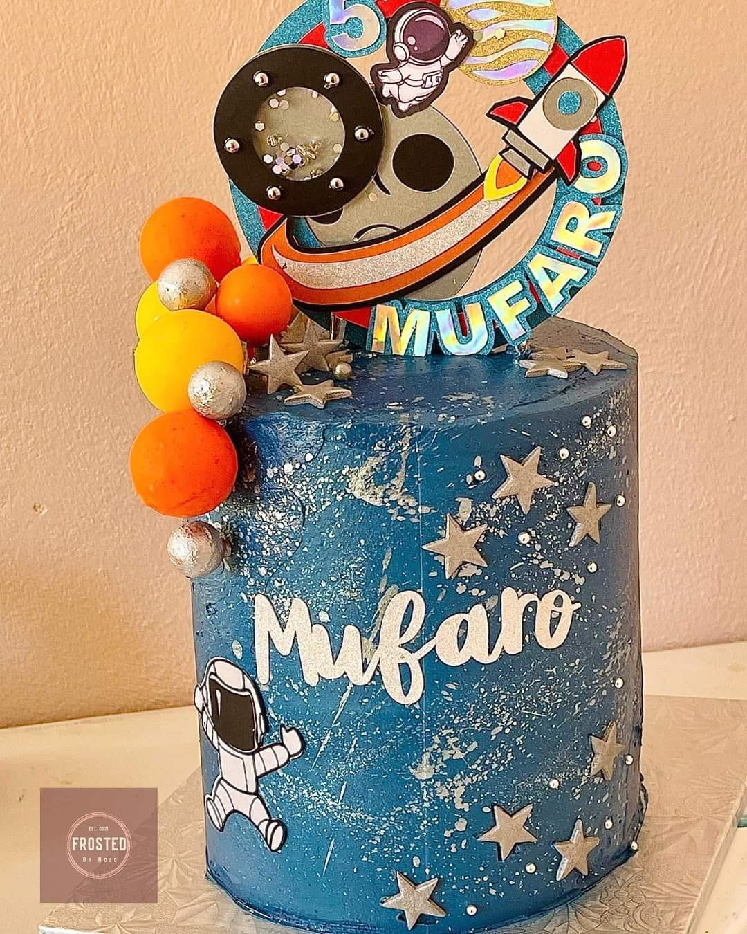 SPACE CAKE TOPPER birthday party themed decor glitter shaker style personalized with name and age