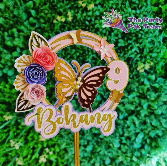 BUTTERFLY CAKE TOPPER B birthday party themed decor glitter shaker style personalized with name and age