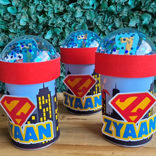 SUPERGIRL PRINGLES birthday party themed decor glitter shaker style personalized with name and age