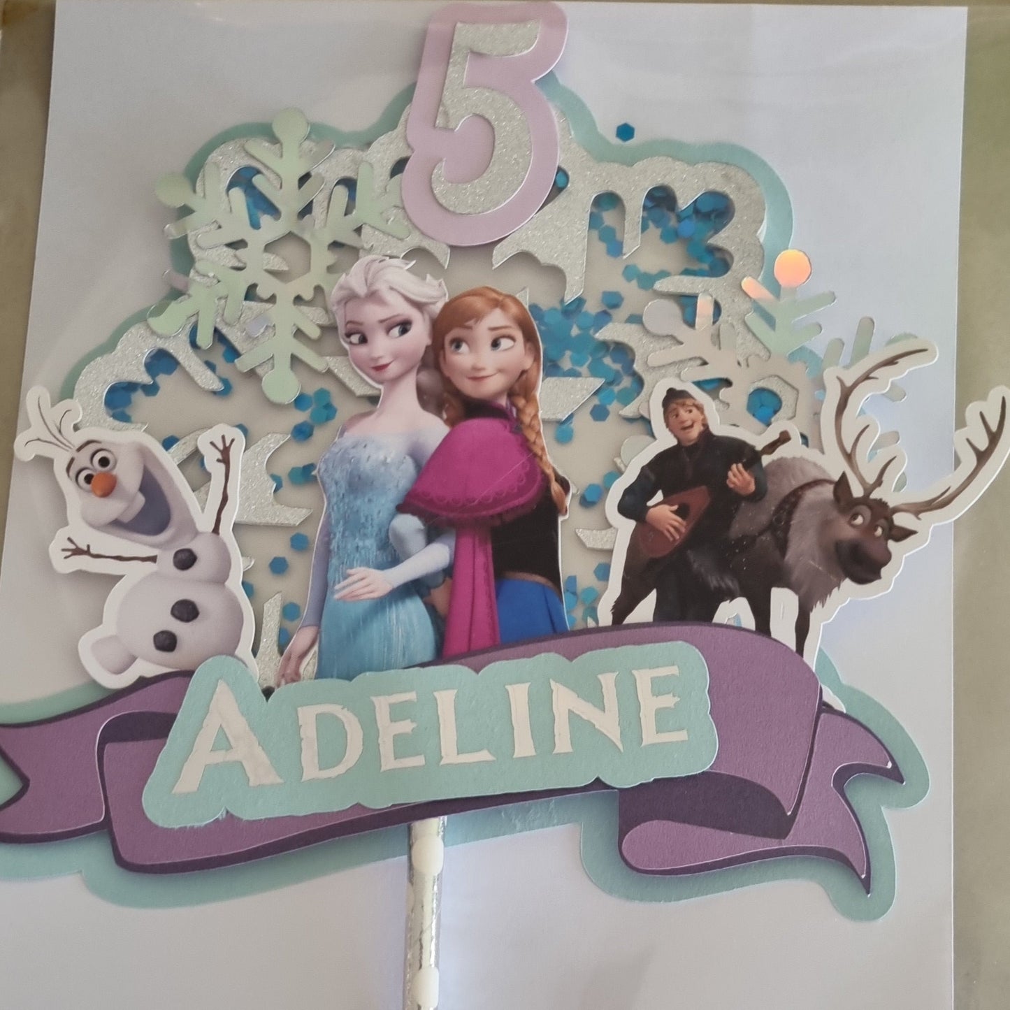 FROZEN CAKE TOPPER birthday party themed decor glitter shaker style personalized with name and age