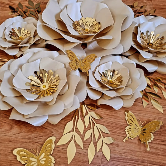 DO IT YOURSELF SET OF 5 PAPER FLOWERS WITH PAPER BUTTERFLIES AND LEAVES CREAM AND GOLD, Nursery paper flowers, nursery decor,  paper flowers backdrop, birthday, baby shower