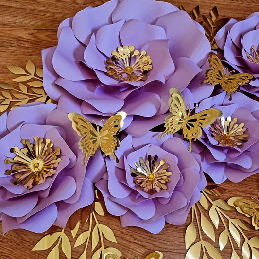 DO IT YOURSELF SET OF 5 PAPER FLOWERS WITH PAPER BUTTERFLIES AND LEAVES LILAC/PURPLE AND GOLD, Nursery paper flowers, nursery decor,  paper flowers backdrop, birthday, baby shower