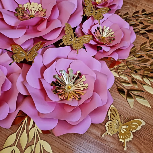 DO IT YOURSELF SET OF 5 PAPER FLOWERS WITH PAPER BUTTERFLIES AND LEAVES PINK AND GOLD, Nursery paper flowers, nursery decor,  paper flowers backdrop, birthday, baby shower