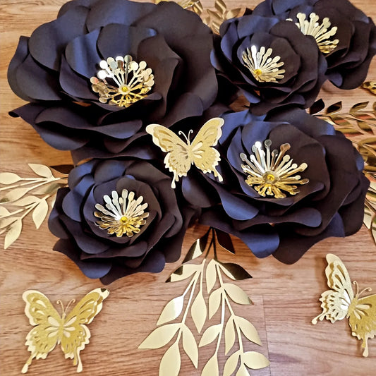 DO IT YOURSELF SET OF 5 PAPER FLOWERS WITH PAPER BUTTERFLIES AND LEAVES BLACK AND GOLD, Nursery paper flowers, nursery decor,  paper flowers backdrop, birthday, baby shower