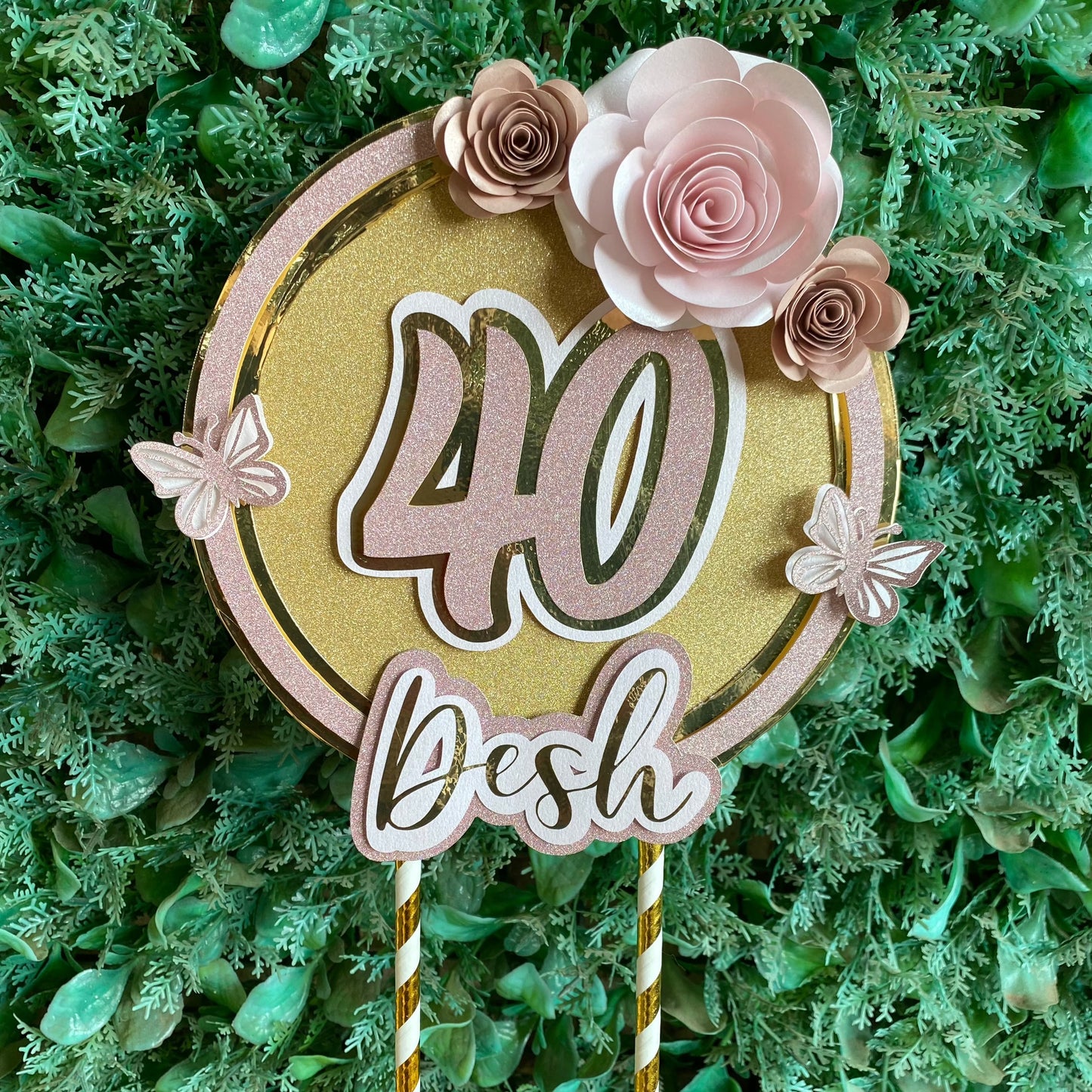 FLOWER CAKE TOPPER  B birthday party themed decor glitter shaker style personalized with name and age