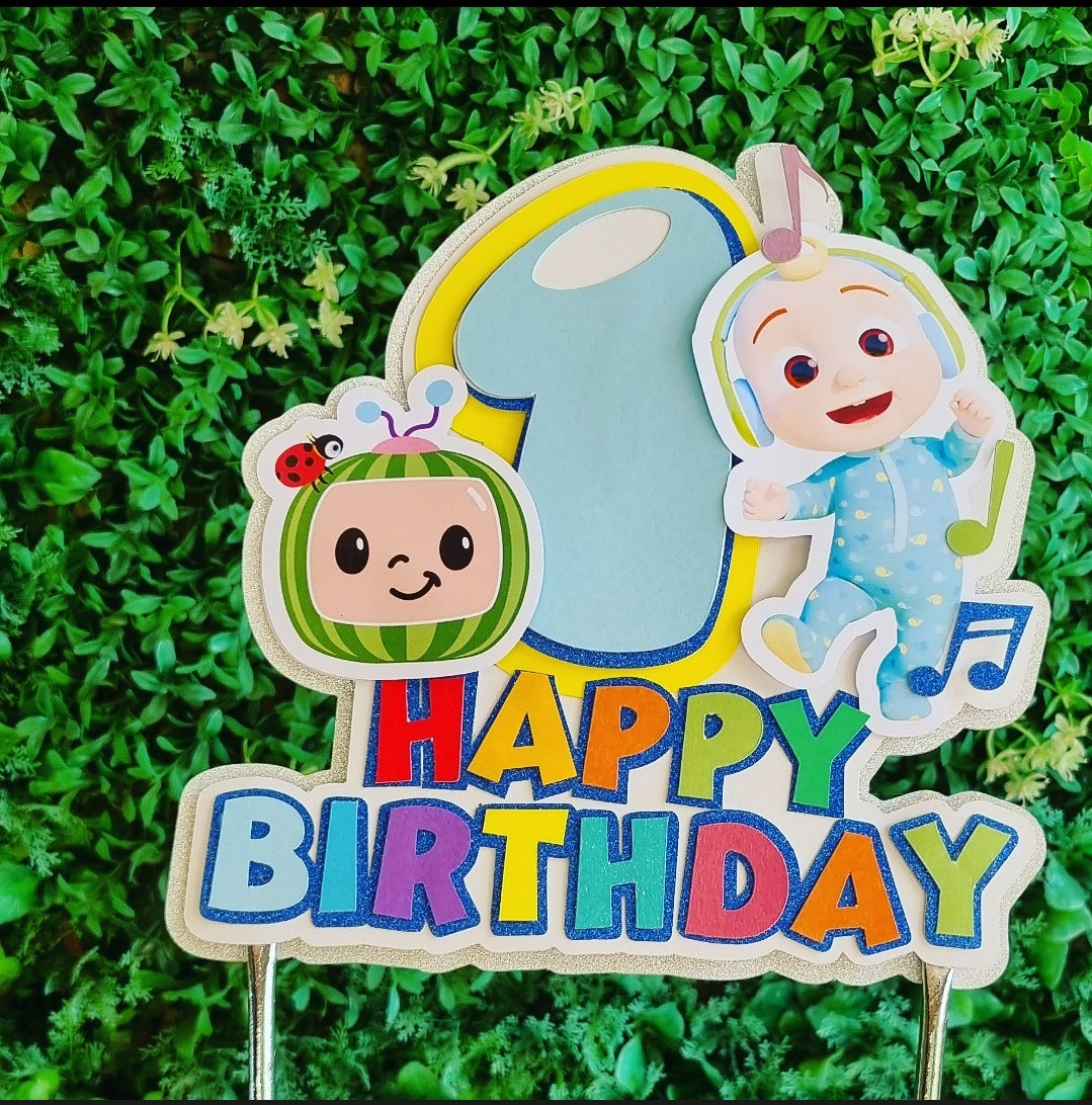 COCOMELON CAKE TOPPER birthday party themed decor glitter shaker style personalized with name and age