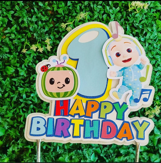 COCOMELON CAKE TOPPER birthday party themed decor glitter shaker style personalized with name and age