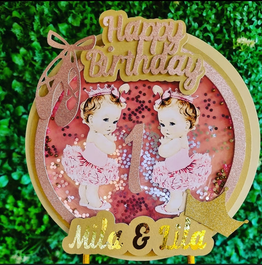 BALLET BABY CAKE TOPPER birthday party themed decor glitter shaker style personalized with name and age