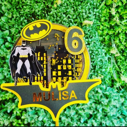 BATMAN CAKE TOPPER birthday party themed decor glitter shaker style personalized with name and age