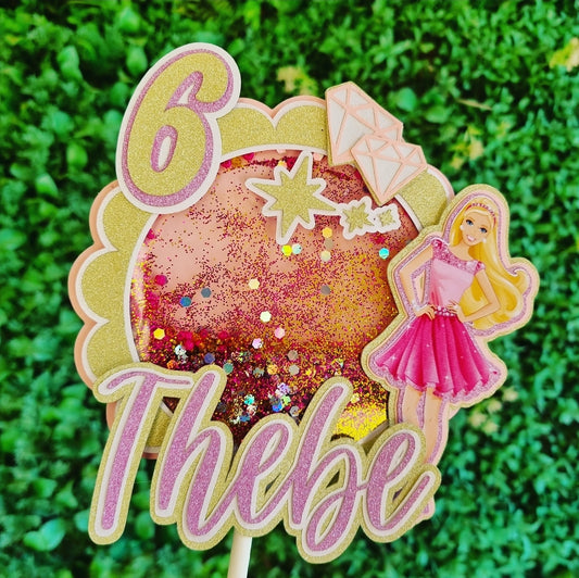 BARBIE CAKE TOPPER birthday party themed decor glitter shaker style personalized with name and age