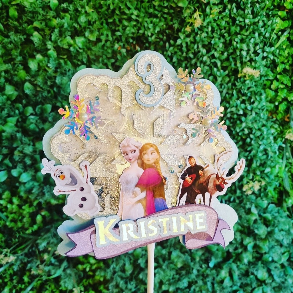 FROZEN CAKE TOPPER birthday party themed decor glitter shaker style personalized with name and age
