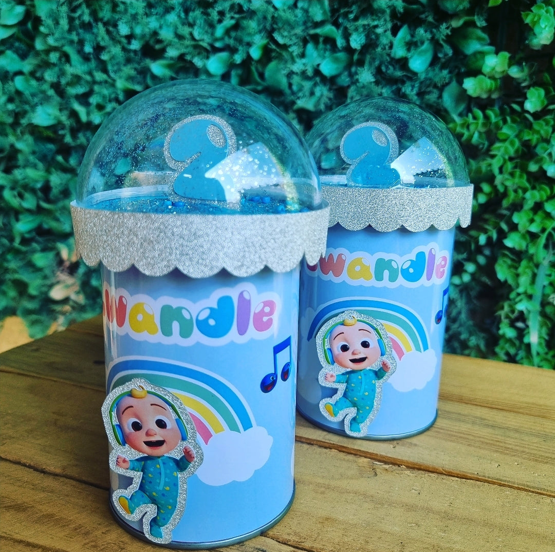 COCOMELON PRINGLES birthday party themed decor glitter shaker style personalized with name and age