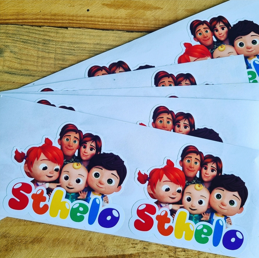COCOMELON THEMED STICKERS SET OF 4 birthday party themed decor personalized with name and age
