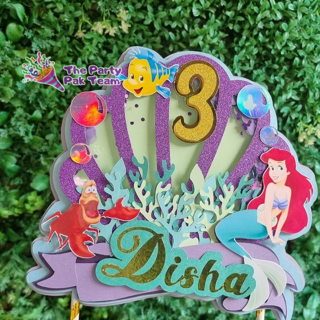 ARIEL THE LITTLE MERMAID CAKE TOPPER birthday party themed decor glitter shaker style personalized with name and age