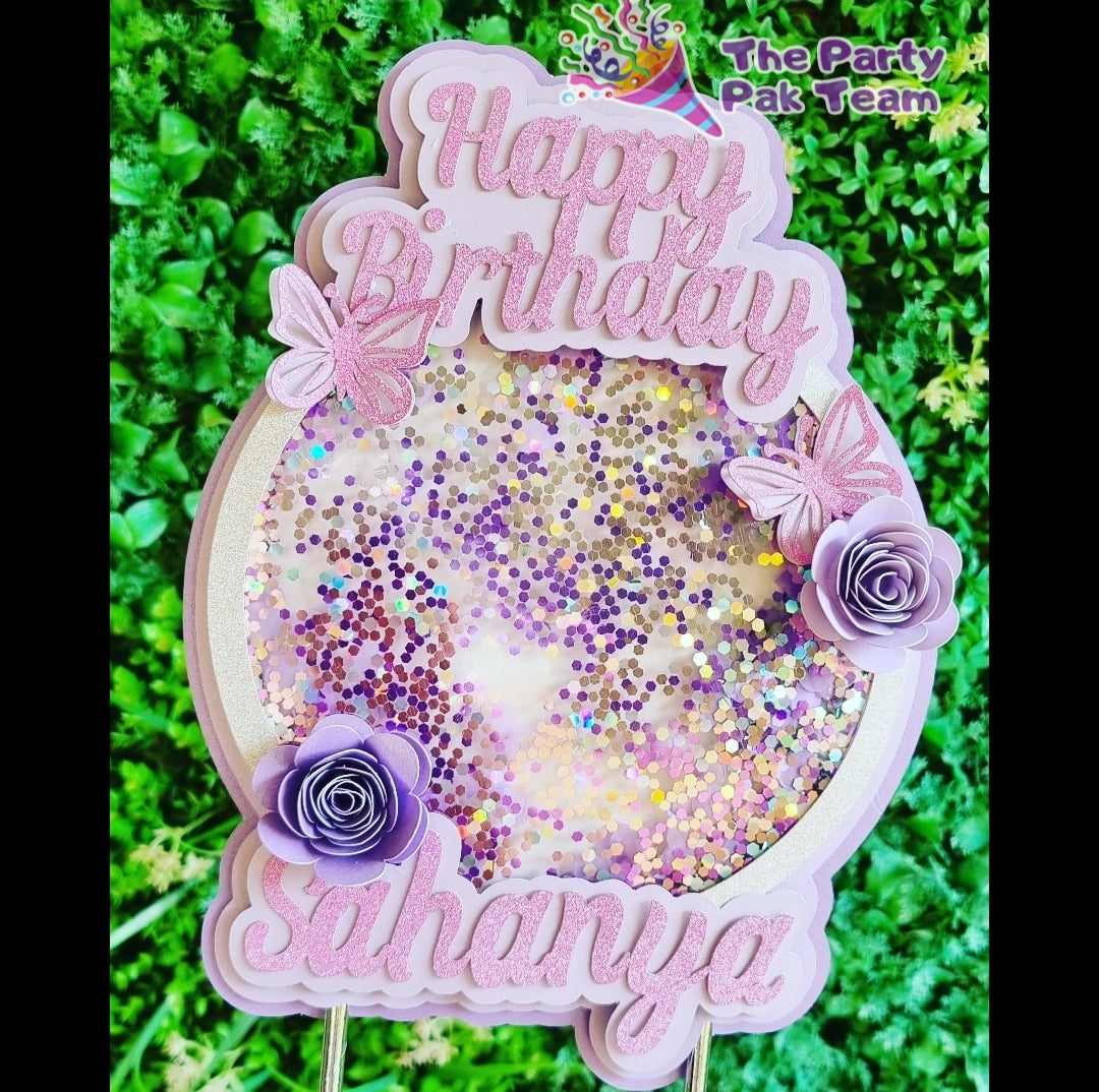 FLOWER AND BUTTERFLY PURPLE CAKE TOPPER birthday party themed decor glitter shaker style personalized with name and age